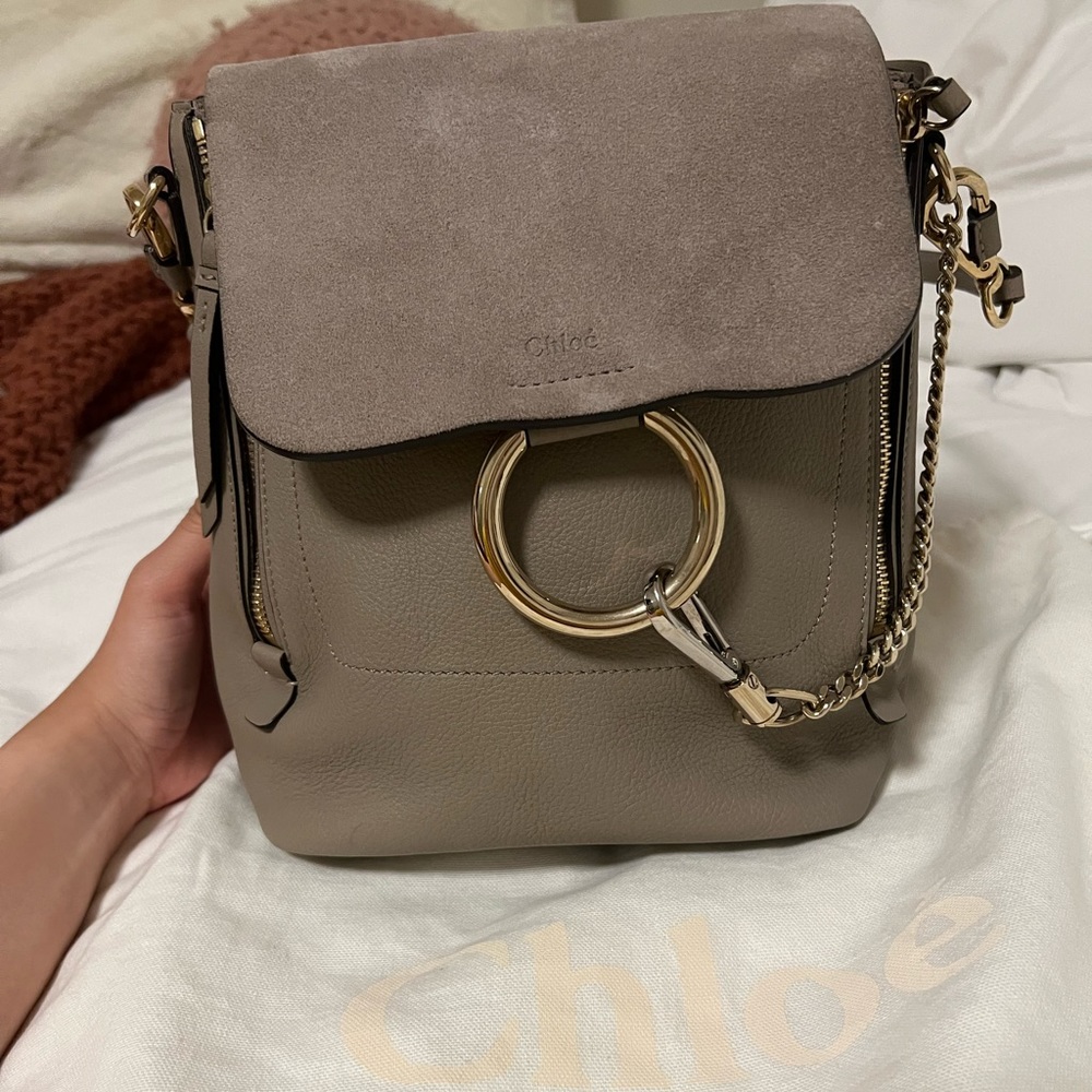 CHLOE Suede Calfskin Small Faye Backpack Motty Grey